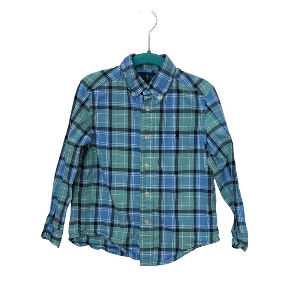 Ralph Lauren Boys Kids Long Sleeve Blue Cotton Plaid Button Down Shirt. 4. 4T.